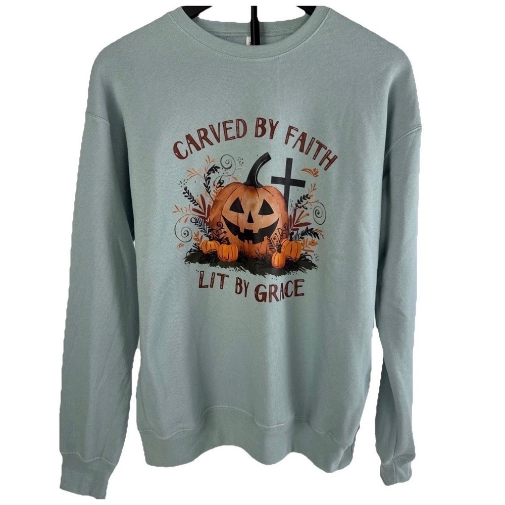 Bow-Kae Designs Sweatshirt Women S Blue Carved by Faith Pumpkin Christian Fleece - Picture 1 of 13